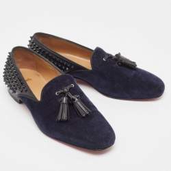 Pre Owned Christian Louboutin Navy Blue Velvet and Leather Tassilo Spike Loafers Size 42.5