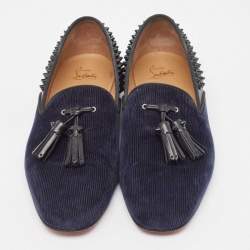 Pre Owned Christian Louboutin Navy Blue Velvet and Leather Tassilo Spike Loafers Size 42.5