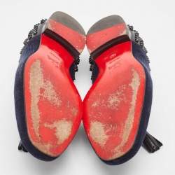 Pre Owned Christian Louboutin Navy Blue Velvet and Leather Tassilo Spike Loafers Size 42.5