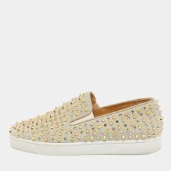 Christian Louboutin Light Green Suede Roller Boat Embellished Slip On Sneakers Size 42.5