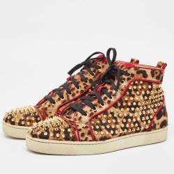 مملوكة مسبقًا Christian Louboutin Two Tone Leopard Print Calf Hair Louis Spikes Sneakers Size 42