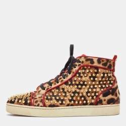 مملوكة مسبقًا Christian Louboutin Two Tone Leopard Print Calf Hair Louis Spikes Sneakers Size 42