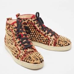 مملوكة مسبقًا Christian Louboutin Two Tone Leopard Print Calf Hair Louis Spikes Sneakers Size 42