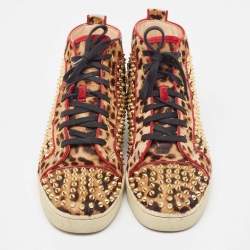 مملوكة مسبقًا Christian Louboutin Two Tone Leopard Print Calf Hair Louis Spikes Sneakers Size 42