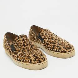 Christian Louboutin Beige/Brown Leopard Print Calf Hair Spike Pik Boat Sneakers Size 40.5