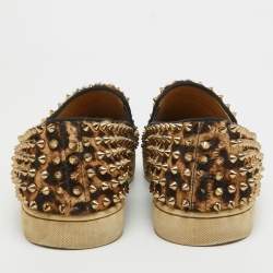 Christian Louboutin Beige/Brown Leopard Print Calf Hair Spike Pik Boat Sneakers Size 40.5