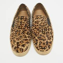 Christian Louboutin Beige/Brown Leopard Print Calf Hair Spike Pik Boat Sneakers Size 40.5