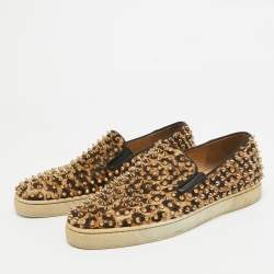 Christian Louboutin Beige/Brown Leopard Print Calf Hair Spike Pik Boat Sneakers Size 40.5