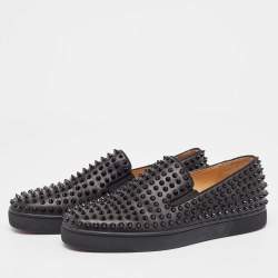 مملوكة مسبقًا Christian Louboutin Black Leather Spike Roller Boat Sneakers Size 42