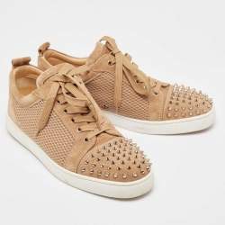 Christian Louboutin Brown Suede and Mesh Lou Spikes Sneakers Size 44.5