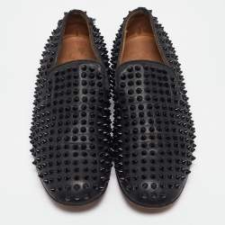 Christian Louboutin Black Leather Roller Boat Spiked Smoking Slippers Size 41.5 