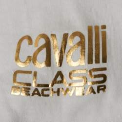 Pre Owned تي شيرت كروه عنق قطن أبيض/ذهبي من Class باي روبيرتو كافالي مقاس كبير (لارج)