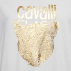 Pre Owned تي شيرت كروه عنق قطن أبيض/ذهبي من Class باي روبيرتو كافالي مقاس كبير (لارج)