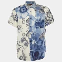 Class by Roberto Cavalli White/Blue Printed Cotton Short Sleeve Shirt XXL