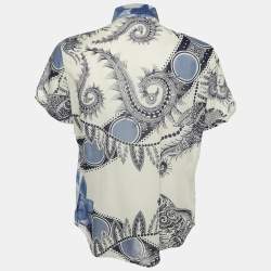 Class by Roberto Cavalli White/Blue Printed Cotton Short Sleeve Shirt XXL