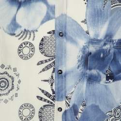 Class by Roberto Cavalli White/Blue Printed Cotton Short Sleeve Shirt XXL