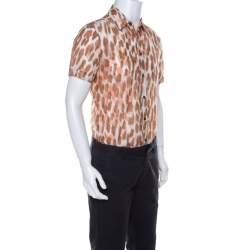 Class by Roberto Cavalli Brown Ikkat Leopard Print Cotton Short Sleeve Shirt S