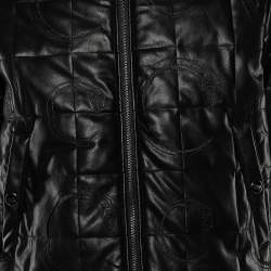 Cavalli Class Black Embroidered Faux Leather Zip Front Hooded Jacket M