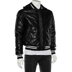 Cavalli Class Black Embroidered Faux Leather Zip Front Hooded Jacket M