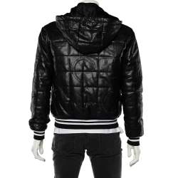 Cavalli Class Black Embroidered Faux Leather Zip Front Hooded Jacket M