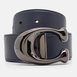 Coach Navy Blue/Black Leather Signature Buckle Reversible Cut to Size Belt