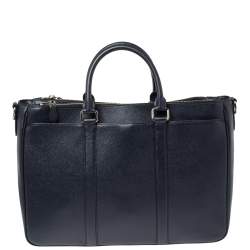 Coach Navy Blue Grained Leather Double Zip Briefcase Bag