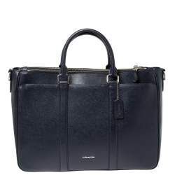 Coach Navy Blue Grained Leather Double Zip Briefcase Bag