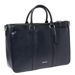 Coach Navy Blue Grained Leather Double Zip Briefcase Bag