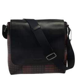 Coach Black/Red Plaid Print Coated Canvas and Leather Charles Messenger Bag