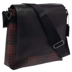 Coach Black/Red Plaid Print Coated Canvas and Leather Charles Messenger Bag