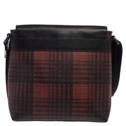 Coach Black/Red Plaid Print Coated Canvas and Leather Charles Messenger Bag