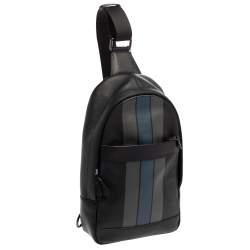 Coach Black Leather and Mesh Varsity Stripe Charles Pack Sling Backpack