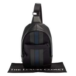 Coach Black Leather and Mesh Varsity Stripe Charles Pack Sling Backpack