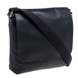 Coach Black Signature Embossed Leather Charles Flap Messenger Bag