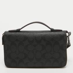 Coach Grey/Black Signature Canvas and Leather Zip Wristlet Pouch