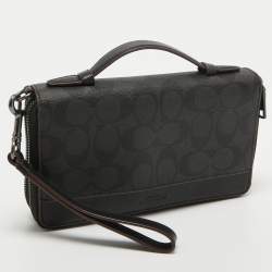 Coach Grey/Black Signature Canvas and Leather Zip Wristlet Pouch