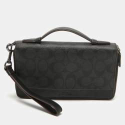 Coach Grey/Black Signature Canvas and Leather Zip Wristlet Pouch