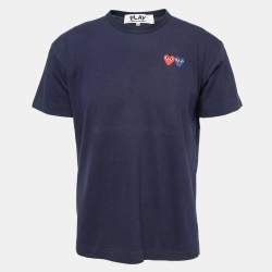 Pre Owned Comme des Garcons Play Navy Blue Heart Appliqued Cotton Crew Neck T-Shirt XL