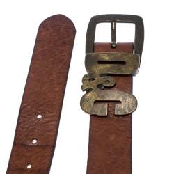 Pre Owned D&G Brown Leather Chain Detail Logo Buckle Belt 95CM