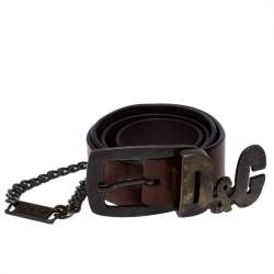 Pre Owned D&G Brown Leather Chain Detail Logo Buckle Belt 95CM