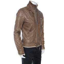 Pre Owned D & G Brown Leather Rib Knit Trim Bomber Jacket XL