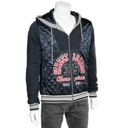 Pre Owned D&G Dark Blue Cotton Knit Contrast Quilted Detail Zip Front Hooded Jacket L