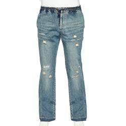 D&G Blue Denim Elastic Waist Wide Leg Distressed Jeans XL
