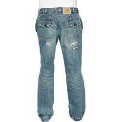 D&G Blue Denim Elastic Waist Wide Leg Distressed Jeans XL