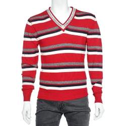 D&G Red Striped Wool Blend V Neck Pullover S