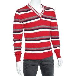 D&G Red Striped Wool Blend V Neck Pullover S