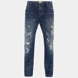 D&G Blue Distressed Denim Straight Leg Jeans L