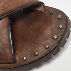 D&G Brown Leather Cross Strap Studded Slides Size 43