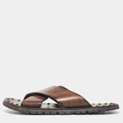 D&G Brown Leather Cross Strap Studded Slides Size 43