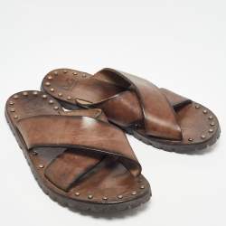D&G Brown Leather Cross Strap Studded Slides Size 43